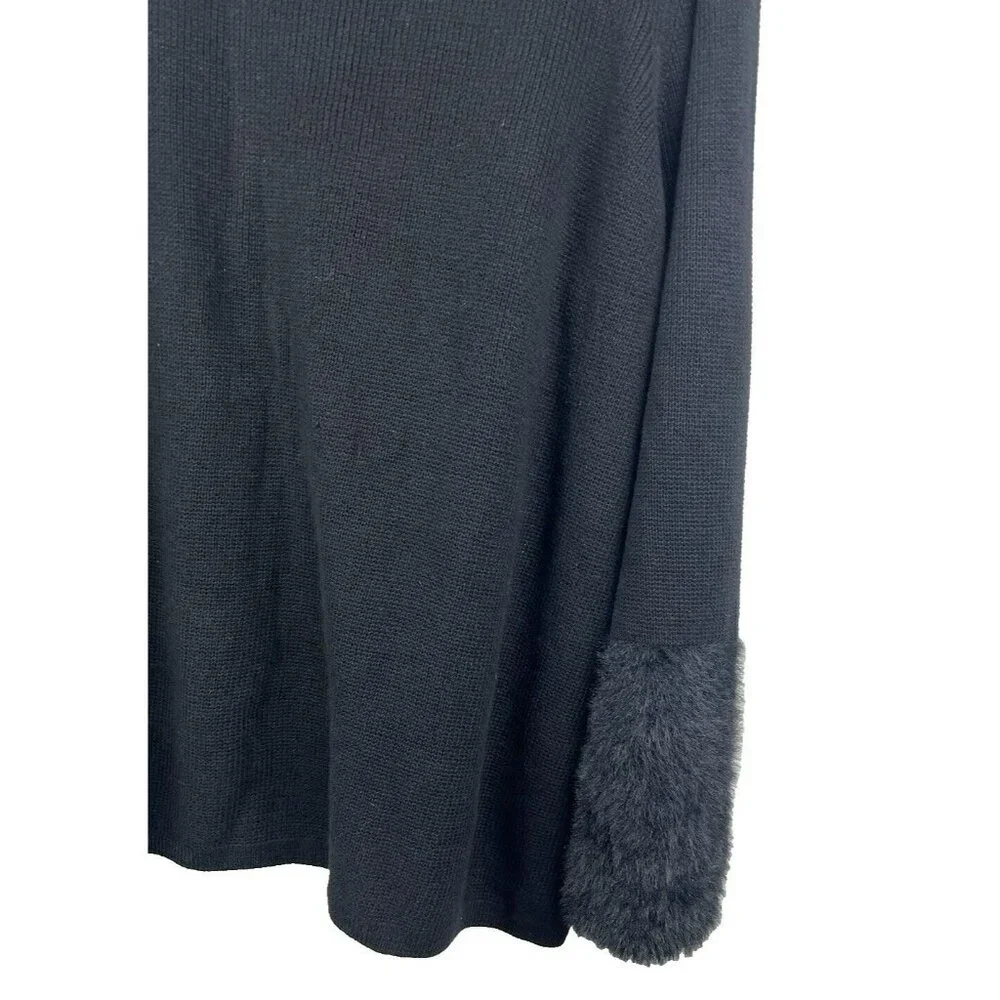 J. Jill Womens Sweater Tunic 2X Plus Solid Black Knit Long Sleeve Faux Fur Cuffs